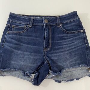 American Eagle Hi Rise Shortie Jean Short Women Size 6 360 Super Stretch Raw Hem
